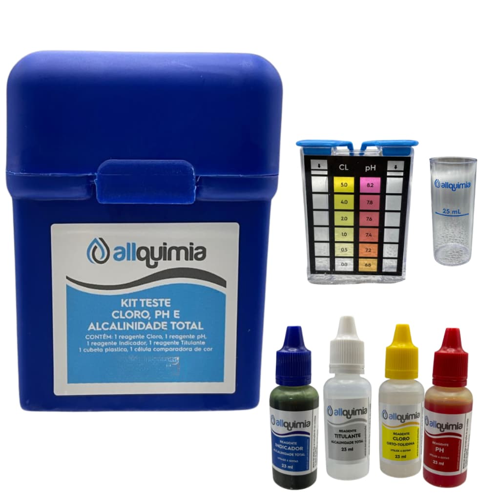Kit Teste Cloro pH Alcalinidade para Água de Piscina Allquimia, análise completa e rápida, controle de tratamento, reage
