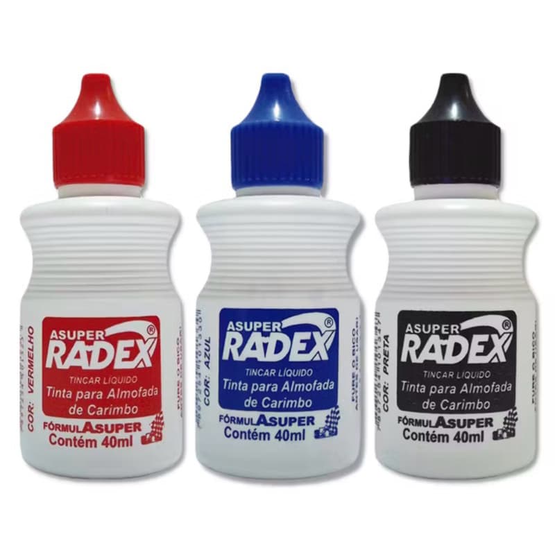 Tinta para carimbo Radex 40ml Azul/Vermelho/Preto