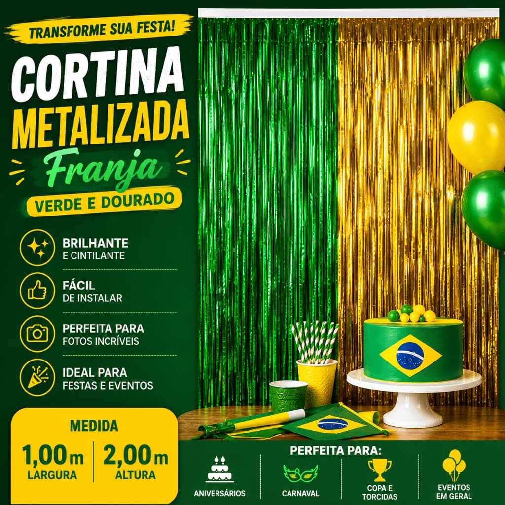 Cortina Franja Metalizada 1x2m Decoração Brasil Festa Aniversário