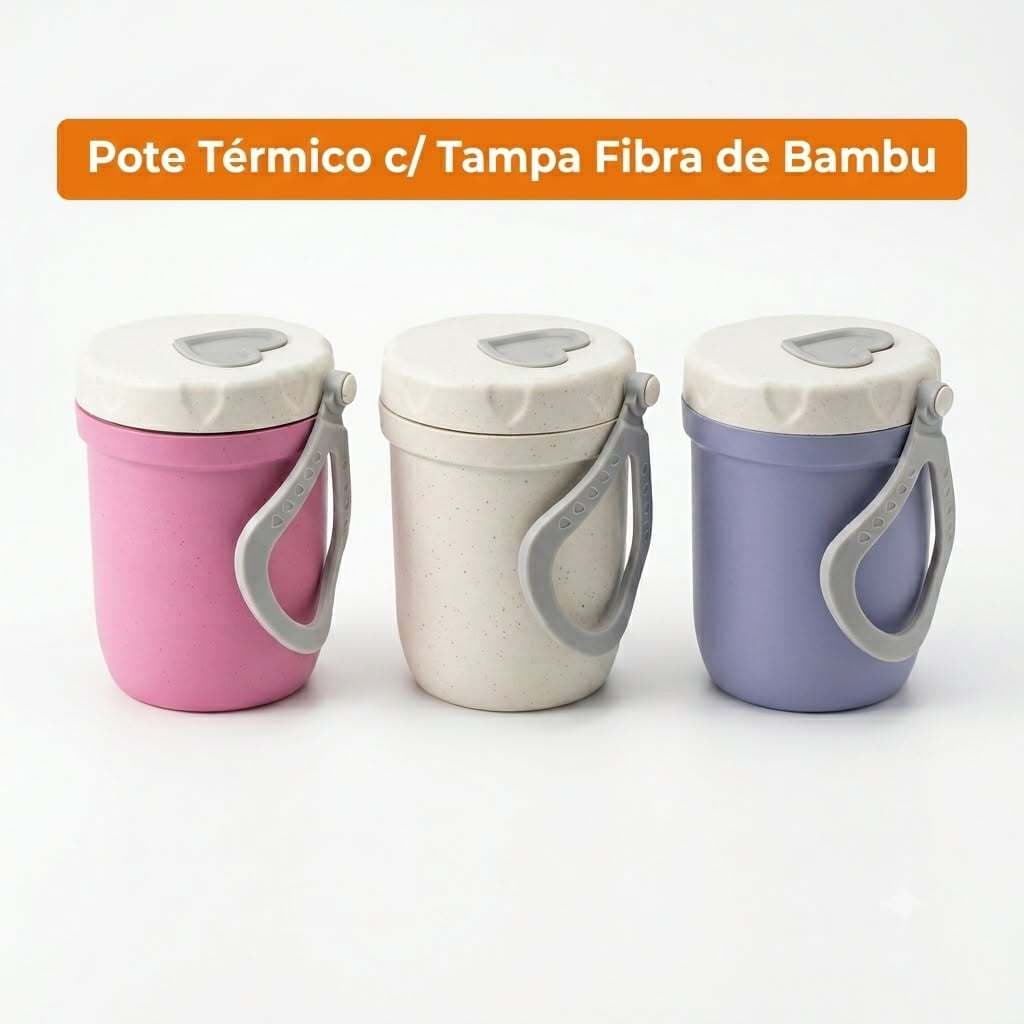 Copo Pote Térmico Bambu Alça Silicone Sustentável Ecológico Trabalho Escola Camping
