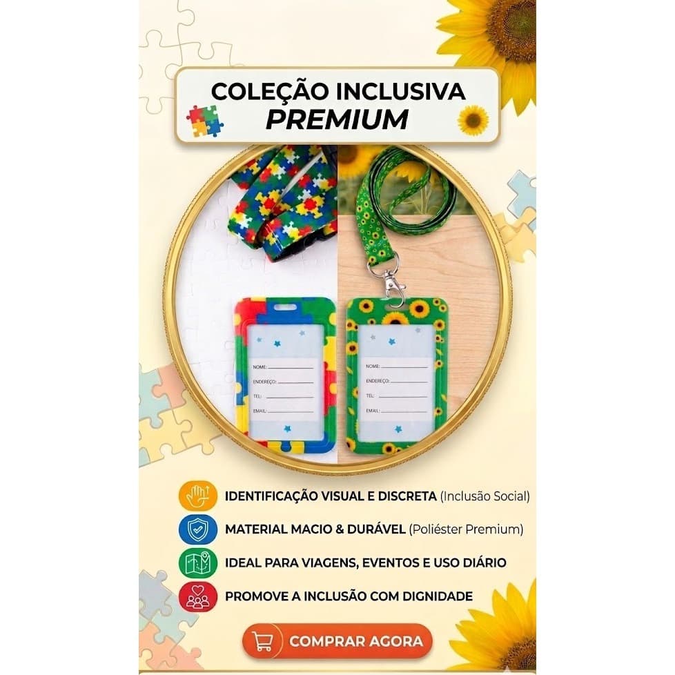 Kit Cordão Girassol e Autismo com Porta Crachá Vertical , Cordão Quebra-Cabeça Inclusão Deficiências Ocultas TDAH