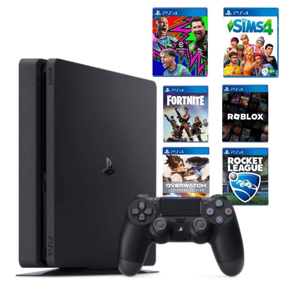 Console Playstation 4 Slim 500 gigas Ps4 1 Controle +6 Jogos + Quadro Decorativo (Recondicionado)