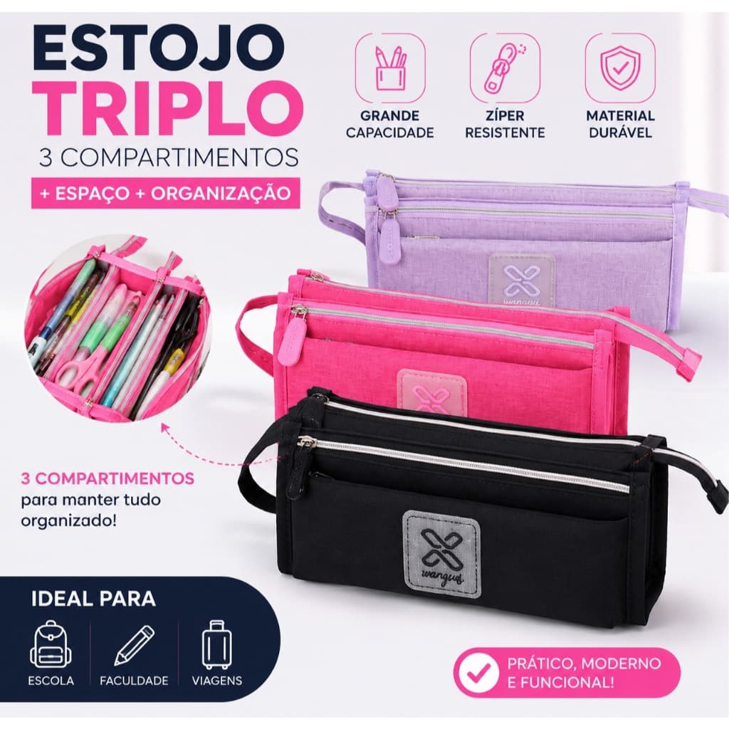 Estojo Escolar Triplo Grande 3 Compartimentos Organizador Porta Lápis Canetas Material Escolar