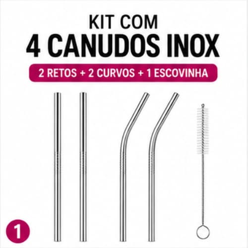 Combo 04 Canudos Inox Curvos com Escova Ecológico Reutilizáveis Laváveis