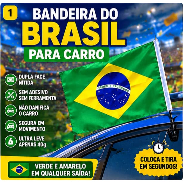 Bandeira Brasil para Carro Vidro com Haste - Verde Amarelo Dupla Face Torcida Carreata Jogo