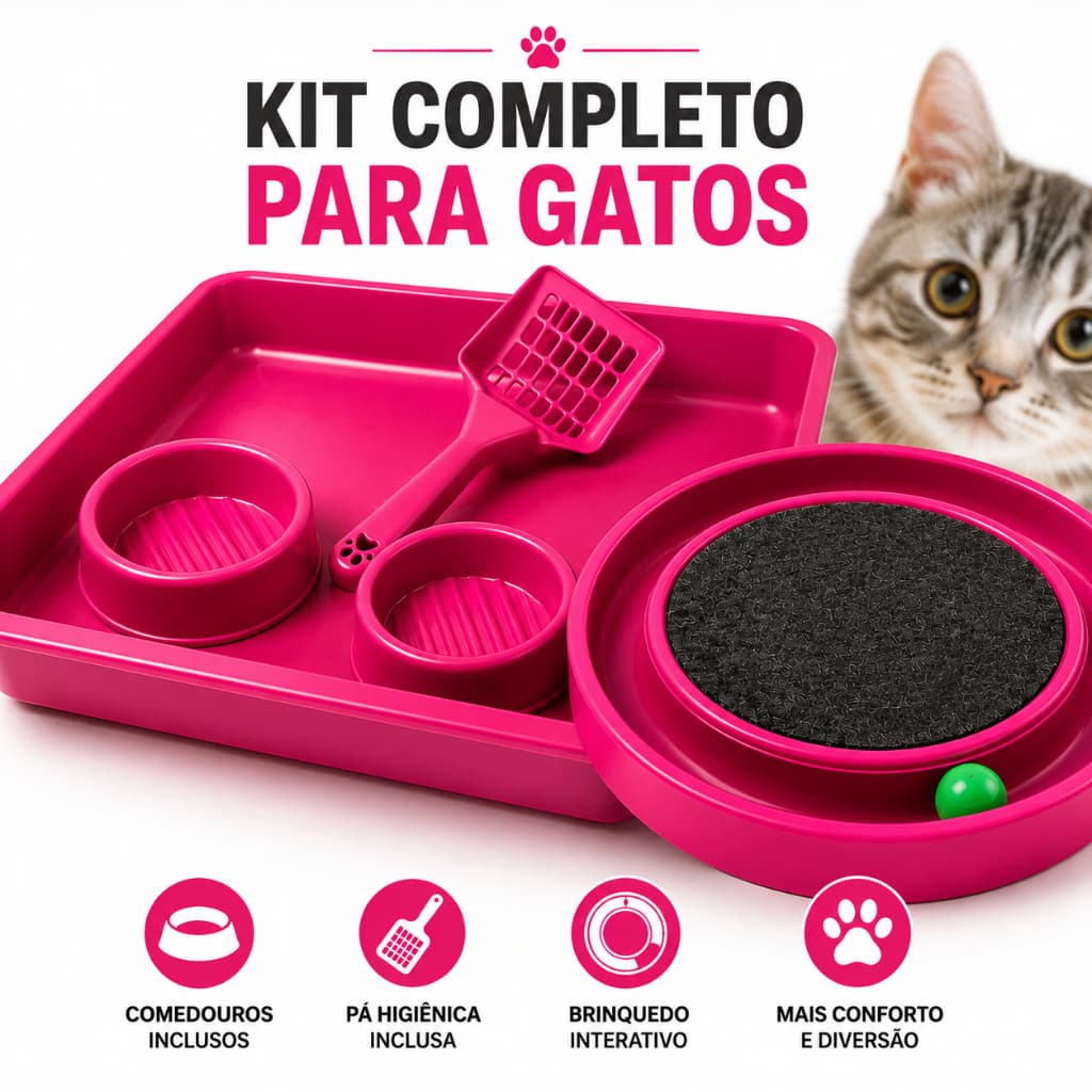 Kit Caixa de Areia para Gatos Bandeja e Peneira e Comedouros + Arranhador Redondo Interativo com Bolinha
