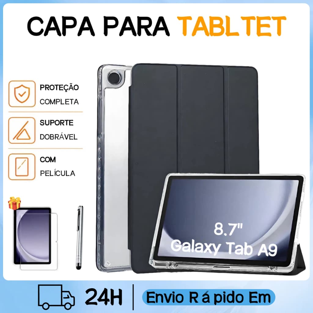 Kit Capa Transparente Para Galaxy Tab A9 Com Compartimento+Com Película+Caneta De Toque