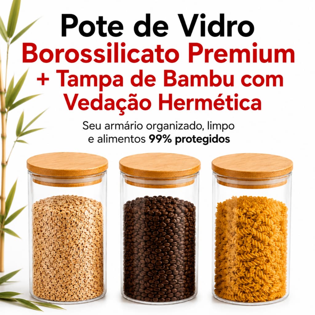 3 Potes de vidro resistente com tampa de bambú fecha hermética 1,8 Litros GRANDE Organização Inteligente, proteção total