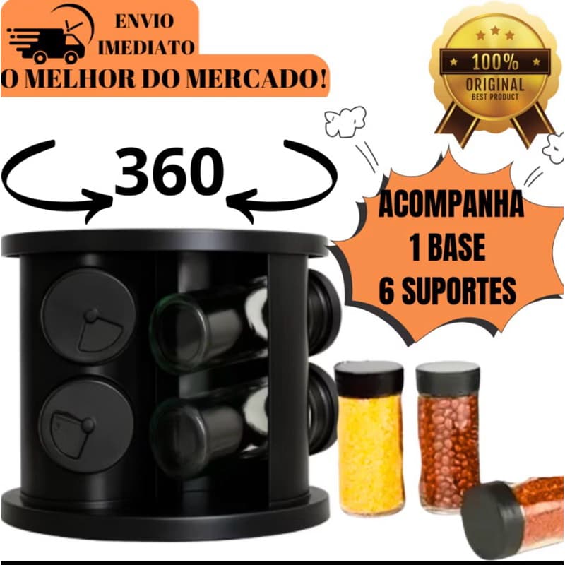 Porta Tempero Giratório  Para Condimentos De Vidro Resistente Com Tampa De Plástico Com 12 Potes 06 Potes Organizador