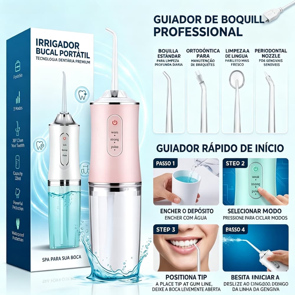 Irrigador Bucal Portátil 230ml Limpeza para Aparelhos Ortodônticos