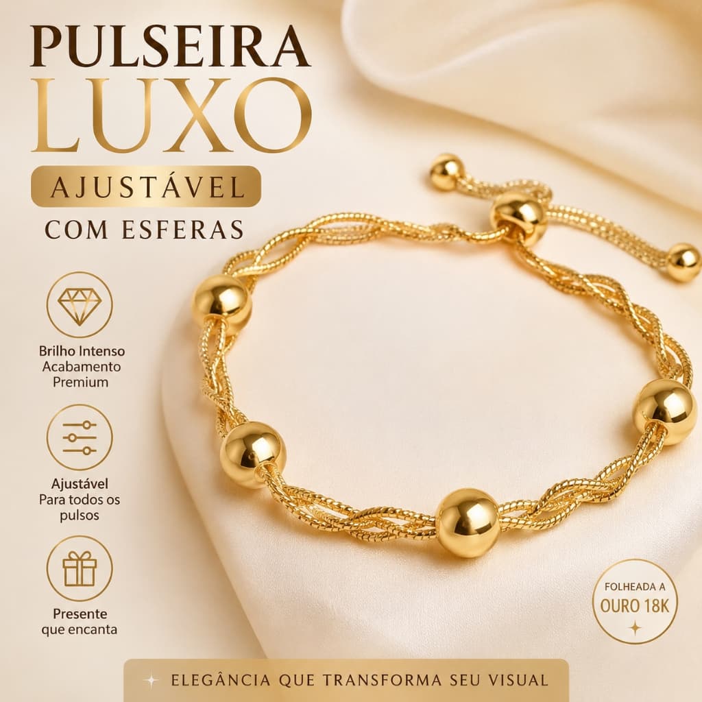Pulseira Feminina Fios Trançados com Esferas Ouro 18K Ajustável Elegante Presente Delicado