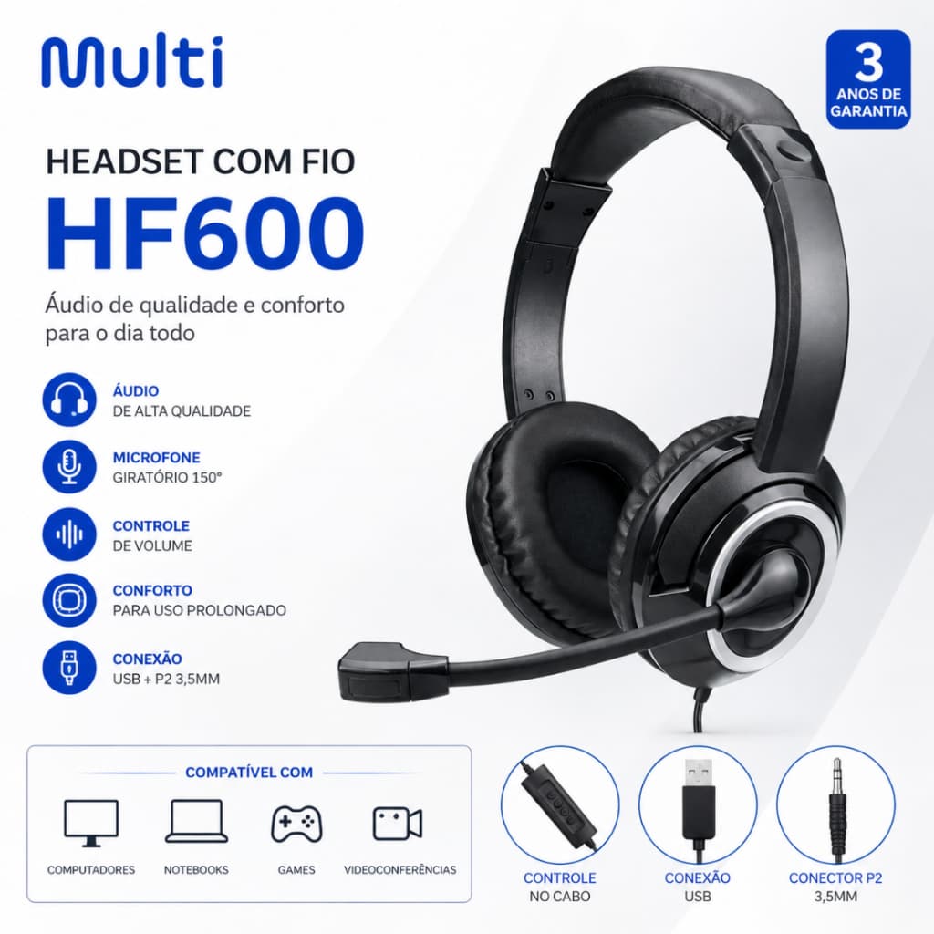 Headset Multilaser PH427 Stereo Básico C/ Microfone C/ Fio Cor Preto