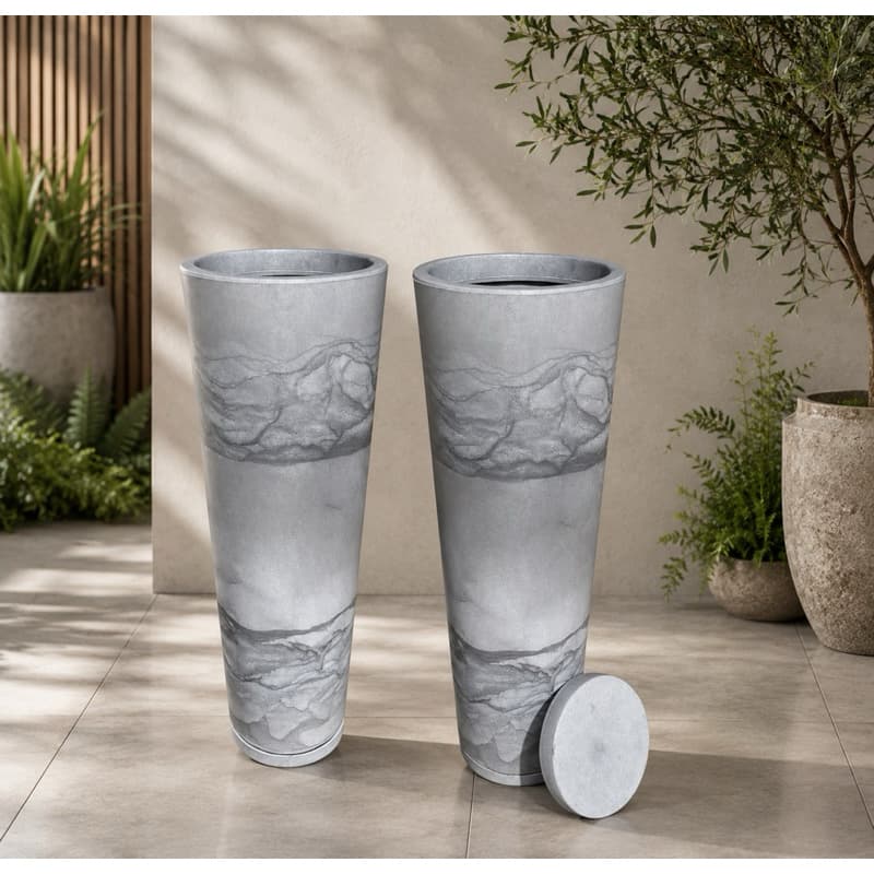 Vaso polietileno para plantas decorativo luxo moderno coluna ibiza efeito marmorizado e liso 70cm com prato