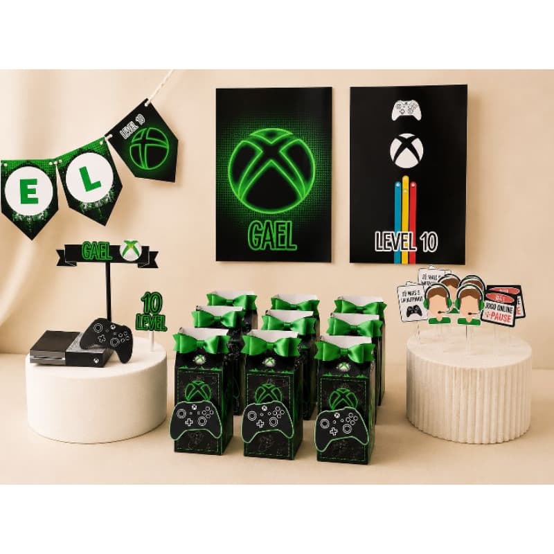 Kit Festa Gamer Xbox Personalizado Completo | Topo de Bolo, Caixas Milk e Banners | Qualquer Tema