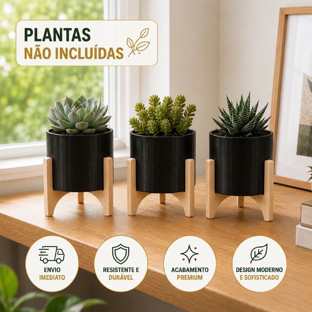 Kit 3 Vasos Decorativos para Suculentas com Suporte Moderno 8x6cm – Preto e Bege