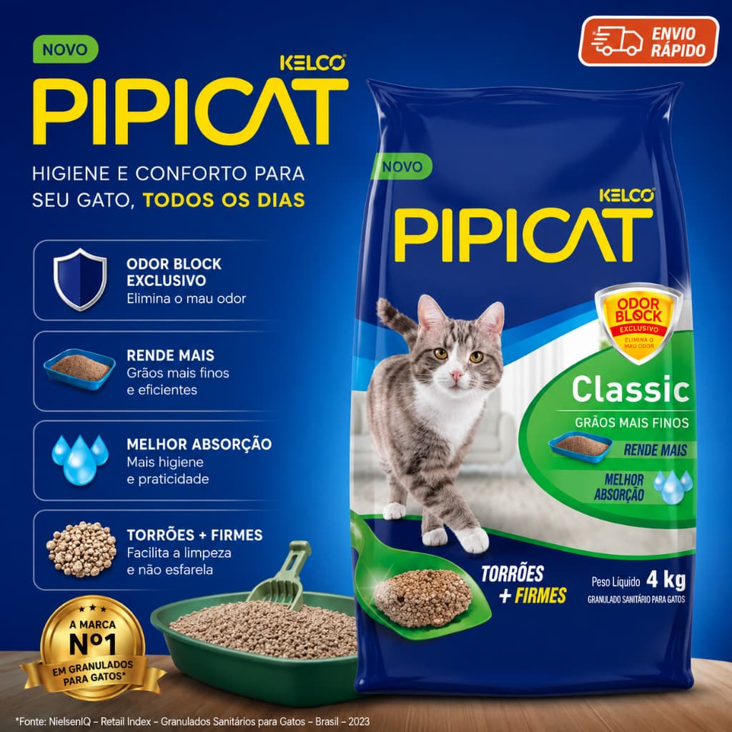 Areia Higiênica Pipicat Classic 4kg - Absorve Urina, Fragrância Natural