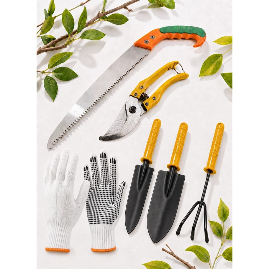 Kit 6 Peças Jardinagem Ferramentas Tesoura Para Poda / Podar Ancinho Luva Jardineiro Serrote
