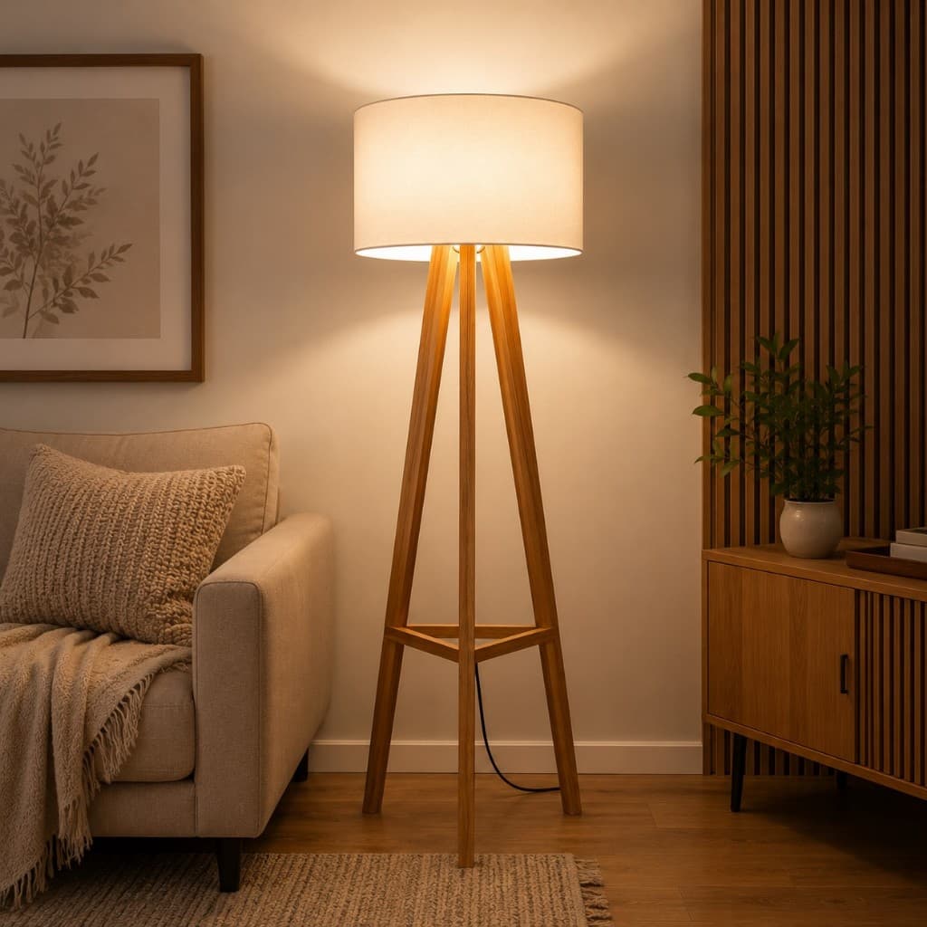 Luminária Tripé De Chão Madeira Abajur Grande Sala Quarto Home