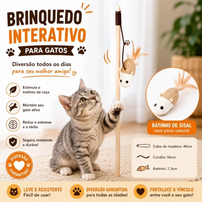 Brinquedo Interativo para Gatos Vara Varinha com Ratinho e Sino Brinquedo de Caça Pet