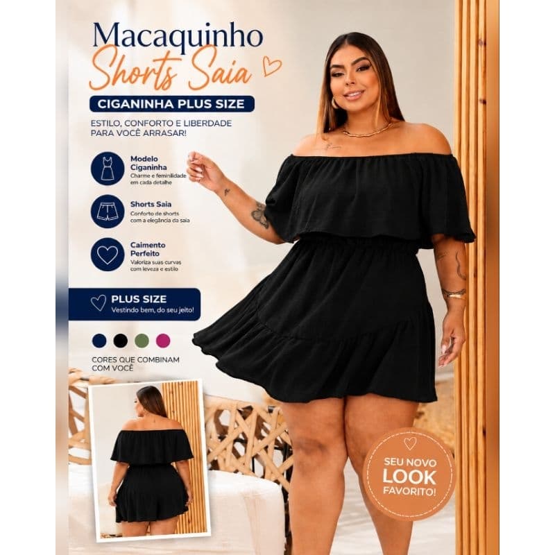 Vestido Macaquinho Xadrez Plus Size Ombro a Ombro Vestido Short Saia Duna G1 G2 Casual, Festa Junina, São João, Feminino