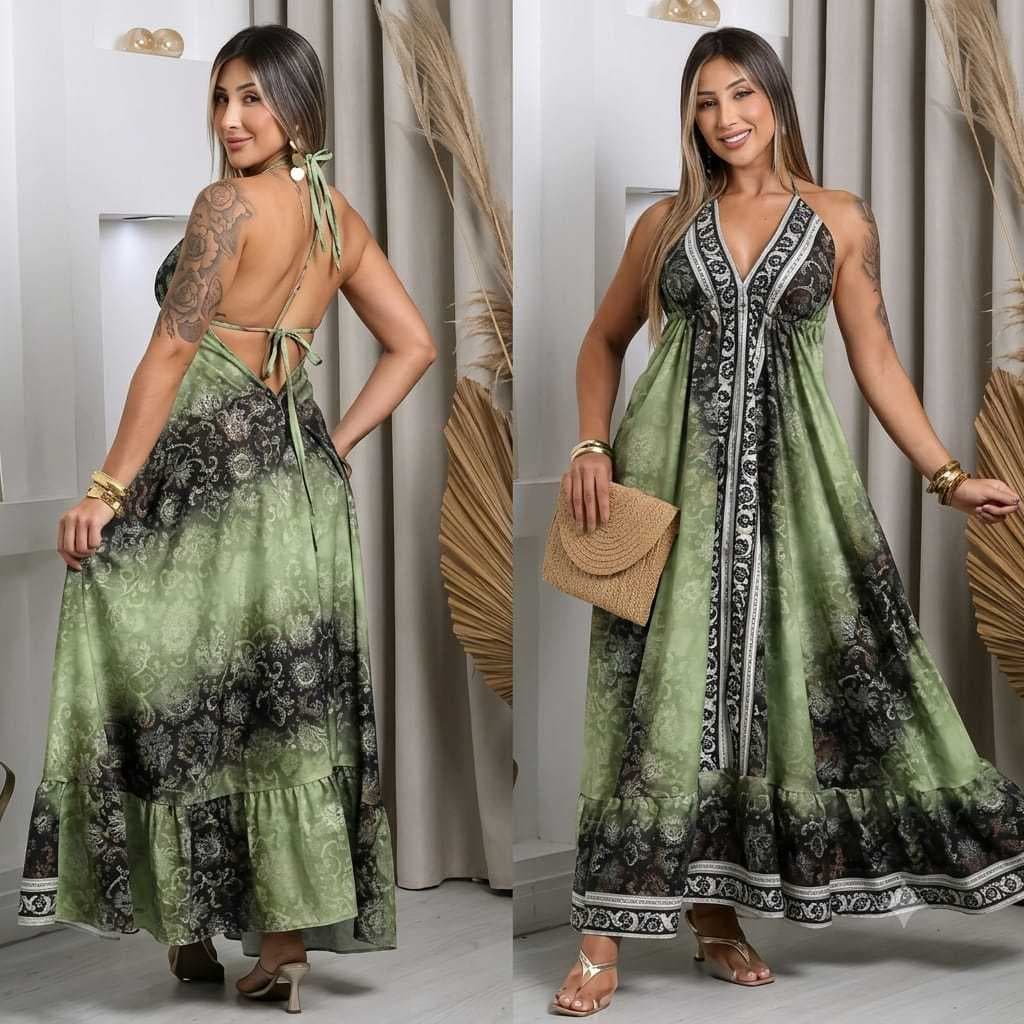 Vestido longo feminino decote v costas abertas indiano