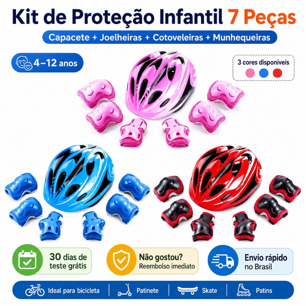 Kit Proteção Infantil 7 Peças Capacete Joelheiras Cotoveleiras Punho Bike Patins Skate Patinete