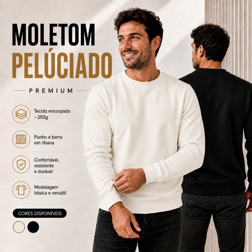 Blusa Moletom Gola Careca Peluciado Unissex Liso Básico Premium Gola Redonda