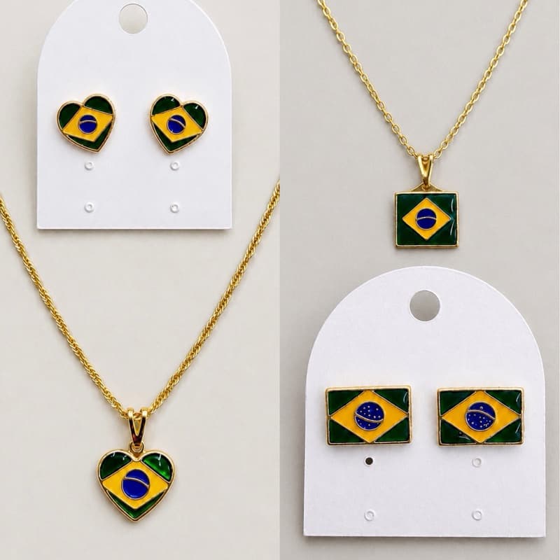 Conjunto Colar e Brinco Bandeira do Brasil Feminino Copa do Mundo Torcida Verde Amarelo Kit Colar e Brinco Brasil Coraço