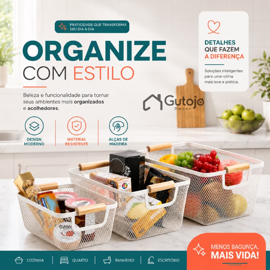 Cesto organizador com alças em bambu – Multiuso para casa, banheiro, lavanderia e escritório