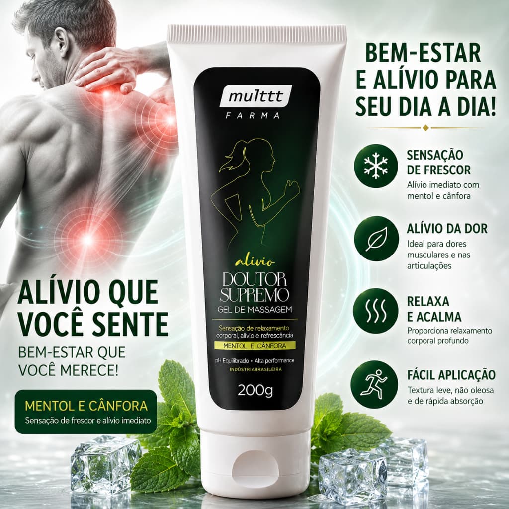 Gel de Massagem Doutor Supremo 200g Mentol e Cânfora Sensação Refrescante Relaxamento Corporal Uso Diário