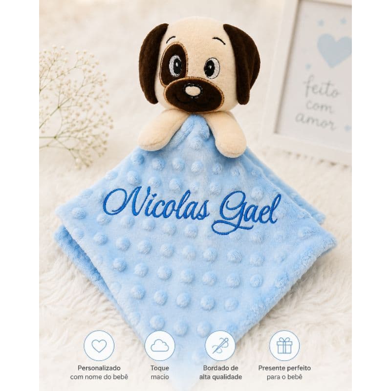 Naninha Personalizada Masculina com Nome Bordado | Naninha Cachorrinho para Bebê