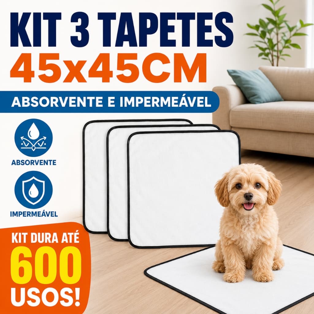 Kit 3 Tapetes Higiênico Lavável Super Absorção 45 X 45cm - Raças Pequenas - Até 600 Usos
