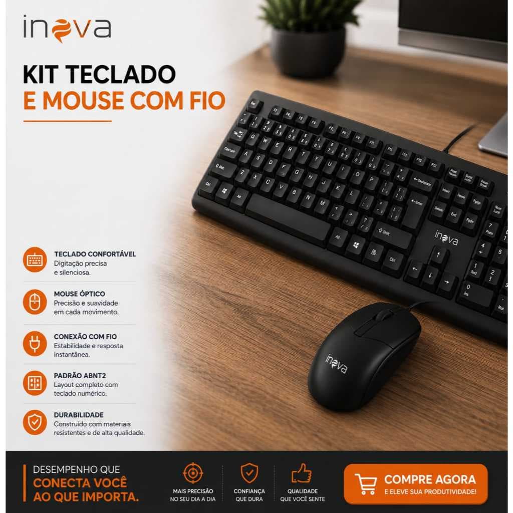 Kit Teclado Mouse Inova Kv-814 Usb com fio  Escritório preto