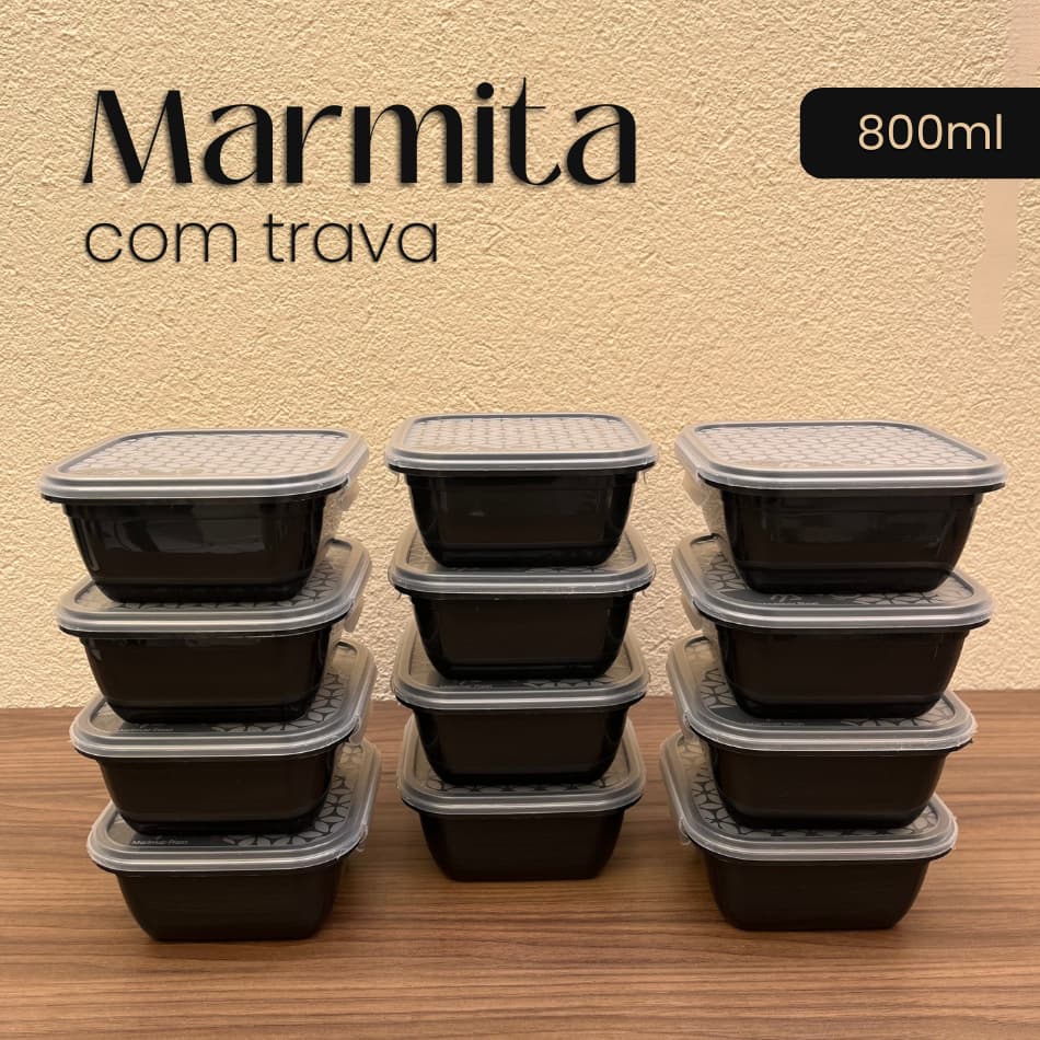 Kit 12 Potes Marmitas com Travas 800ml Coloridos Pote Plástico Quadrados Freezer Organizador