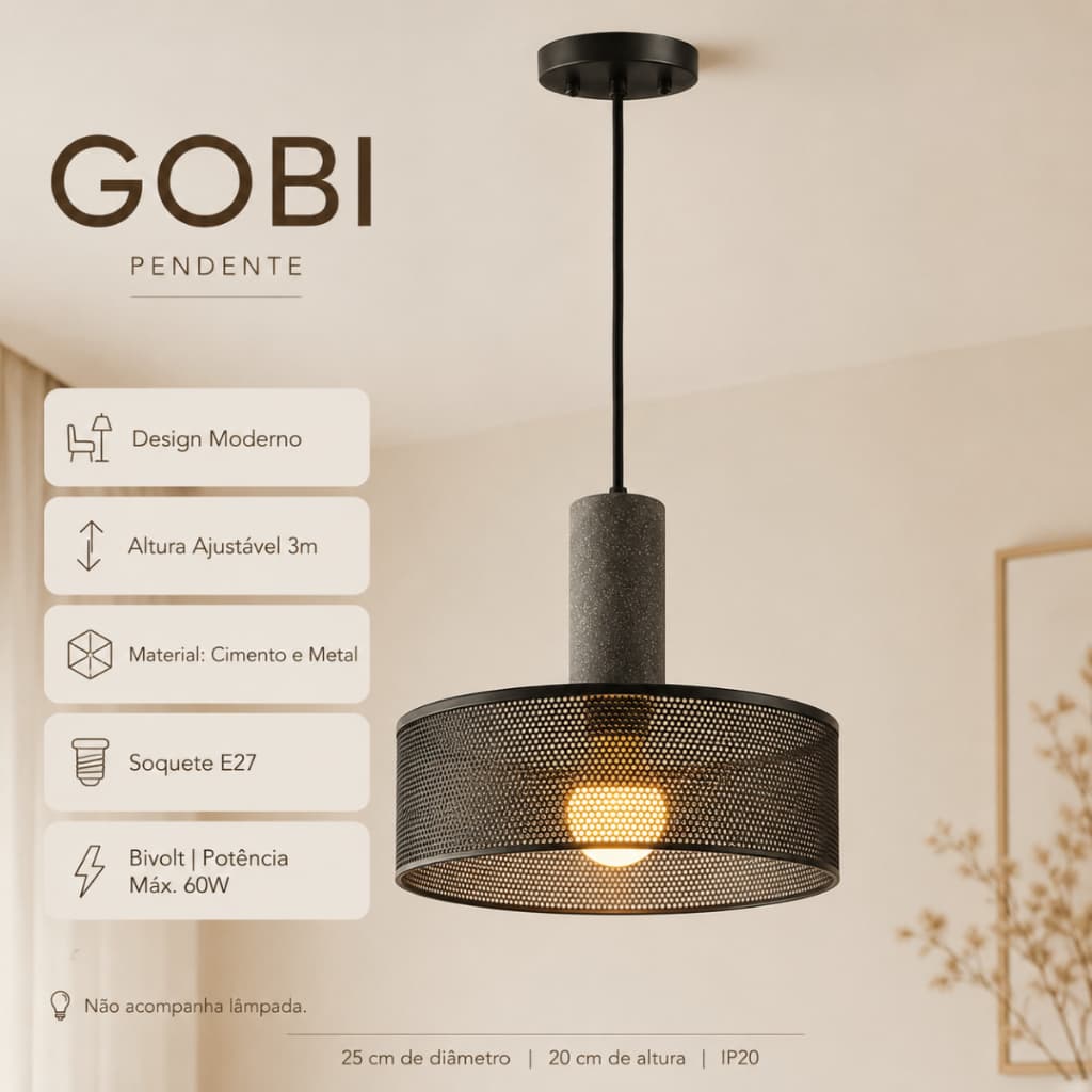 Pendente Industrial Moderno Minimalista Luminária Mesa Cozinha Bivolt Cimento Metal Preto E27 25cm