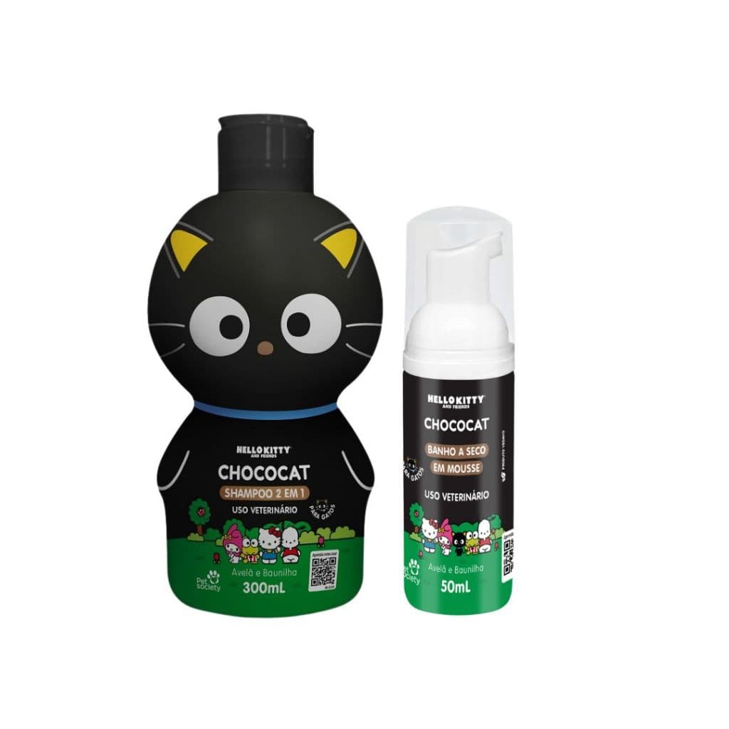 Kit Shampoo 2 em 1 Chococat + Banho a Seco Choco Mousse  Para Gatos Hello Kitty by Pet Society