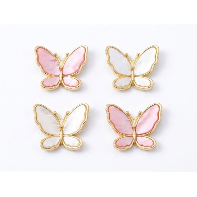 aplique borboleta de metal dourado com fundo branco e rosa, 2.3x2.0mm.