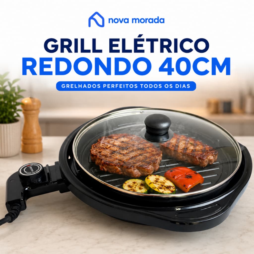 Grill Elétrico Redondo 40cm 1200W Churrasqueira Elétrica Antiaderente Sem Fumaça Apartamento Casa