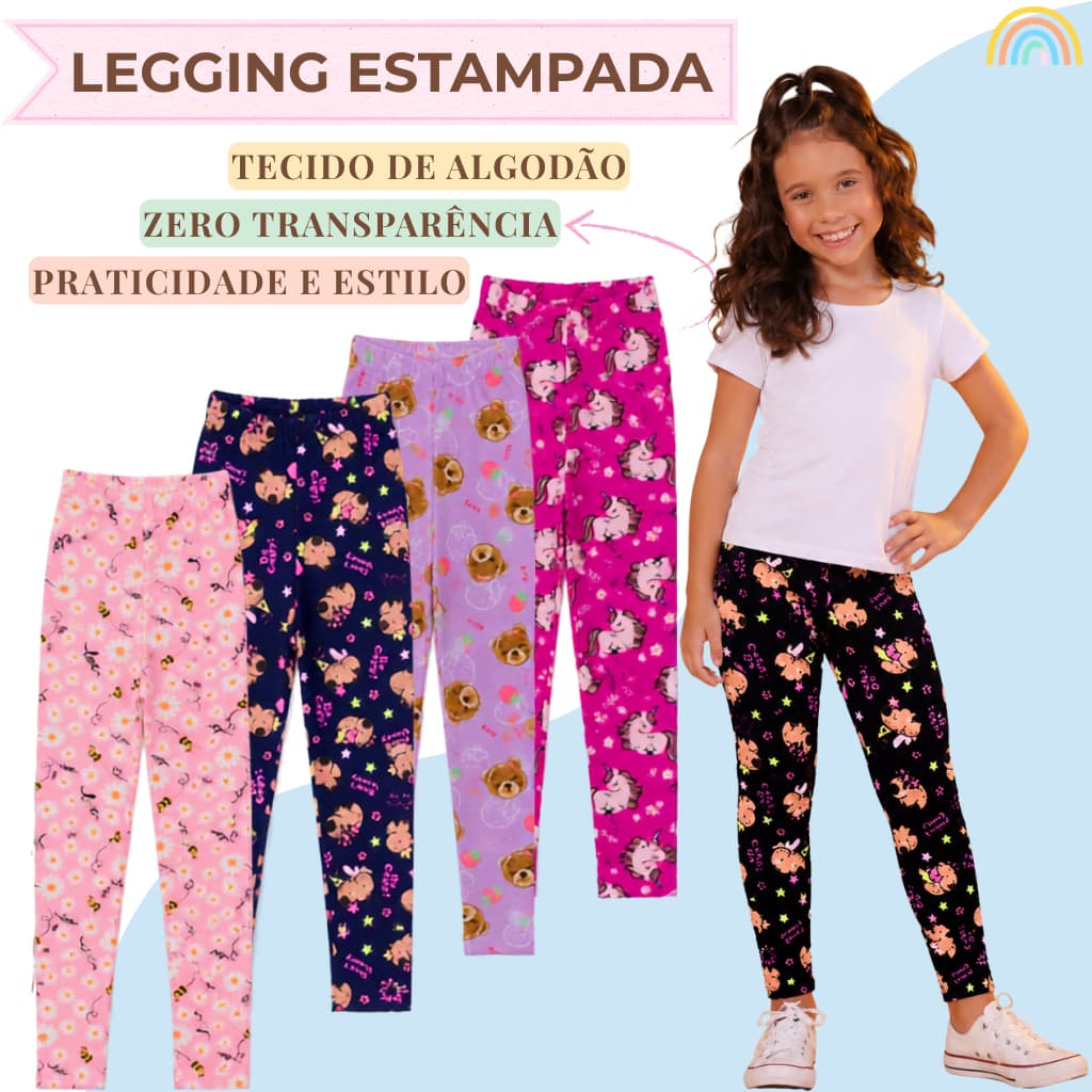 Kits de 2,4 e 6 Calças Legging Leg Estampada Sortidas Infantil Menina Roupa Feminina Tamanho 2 ao 14