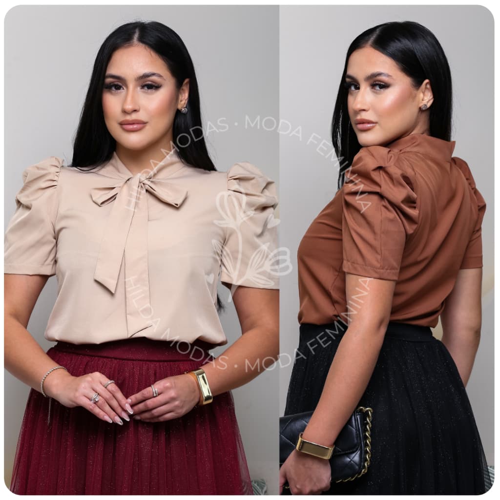 Blusa Feminina Social Manga Curta Bufante Princesa com Gravata laço lacinho Moda evangélica