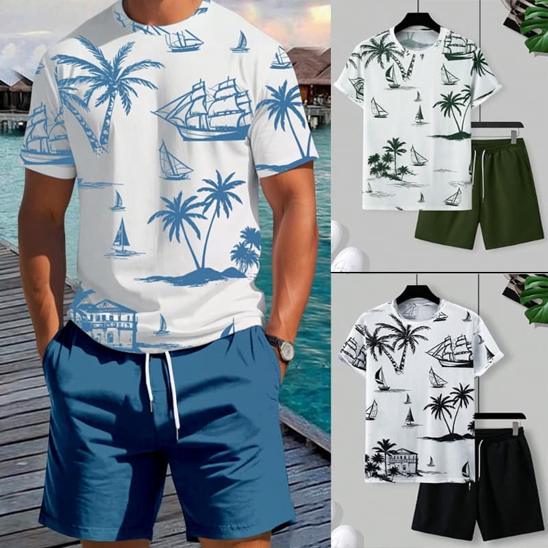 Conjunto Masculino Camiseta Gola Redonda Estampa Tropical Bermuda De Algodão Moda Praia Homem