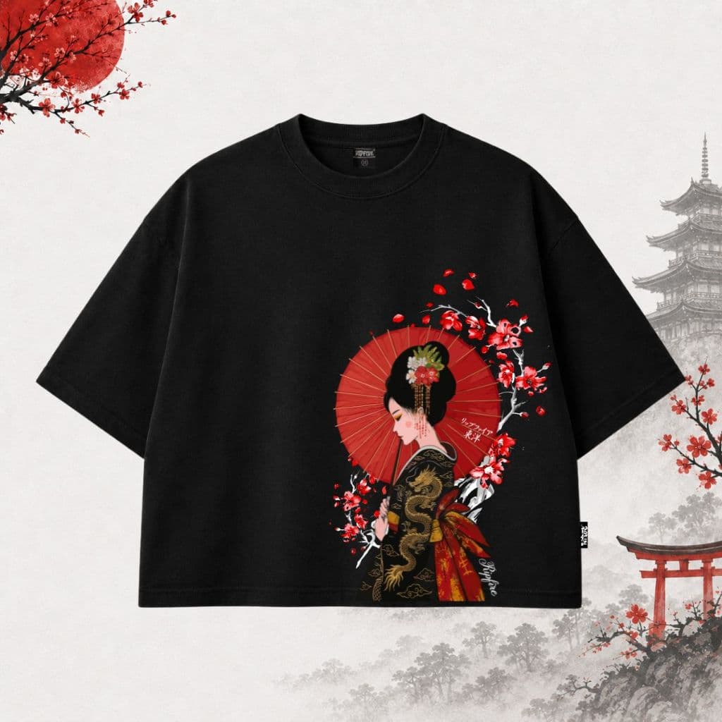 Camiseta Boxy Masculina – "Sakura Geisha" Dragon | Oriental Core Ripfire Streetwear