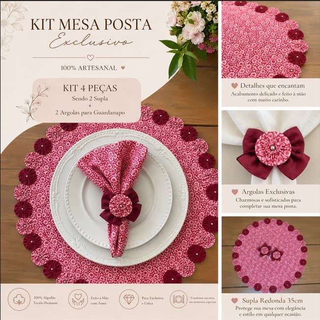 Kit 4 Peças Jogo Americano Redondo Sousplat 35cm Mesa Posta Cozinha Jantar Decorativo Natal