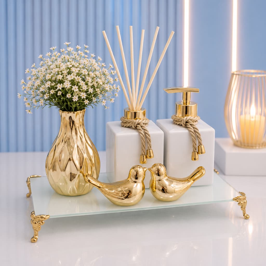 Kit Lavabo Branco/marrom, Frascos De Vidro Cubo Para Difusor De Ambiente E Sabonete Líquido + Vaso  + Bandeja Branca
