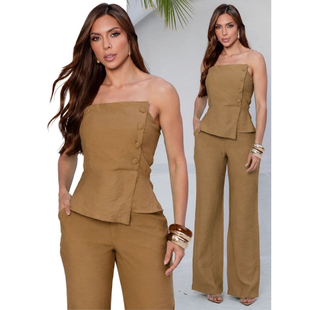 Conjunto Alfaiataria Longo Feminino Blusa Tomara que Caia e Calça Pantalona