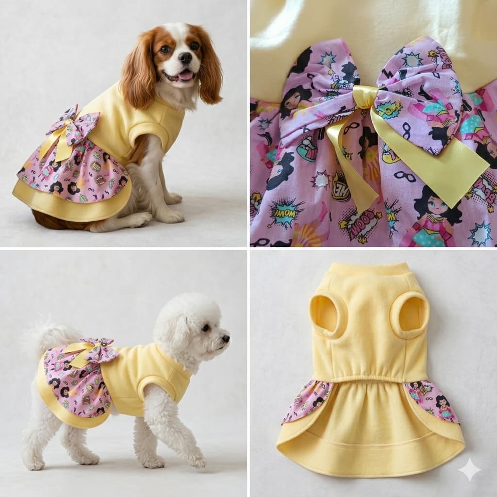Roupinha Pet Feminina Vestido Amarelo com Laço Super Heroína