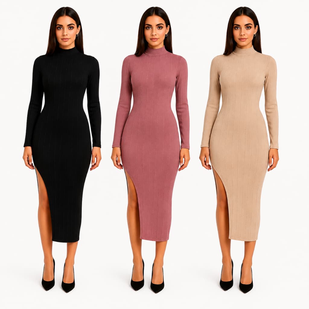 Vestido Midi Canelado Feminino Manga Longa Gola Alta Ribana Premium Com Fenda Elegante Moda Feminina