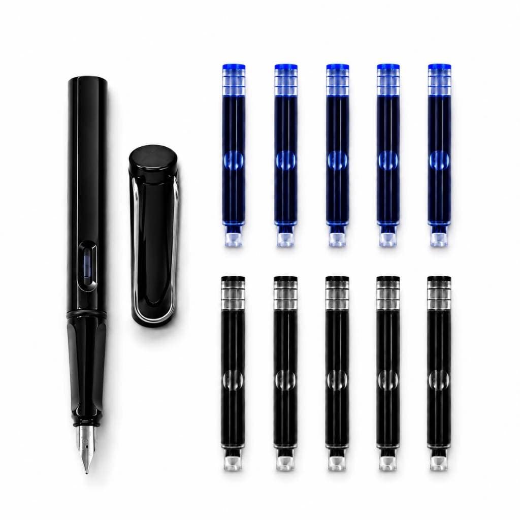 Kit Caneta Tinteiro + 10 Refil Cartuchos de Tinta para Recarga / Carga Refis 5 Preto e 5 Azul
