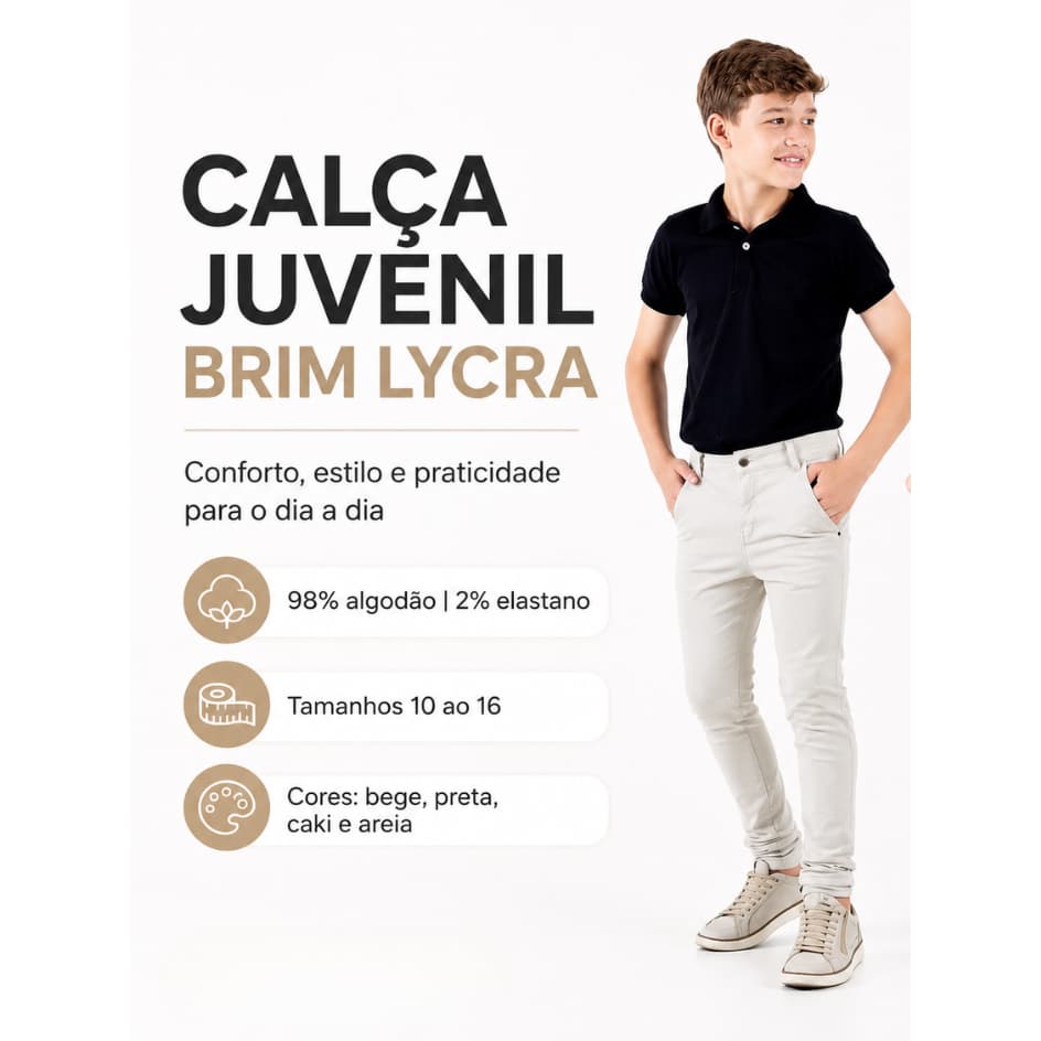 Calça Juvenil Masculina Brim Lycra Cintura Alta Confortável Slim Casual EscolarCom Bolsos Funcionais