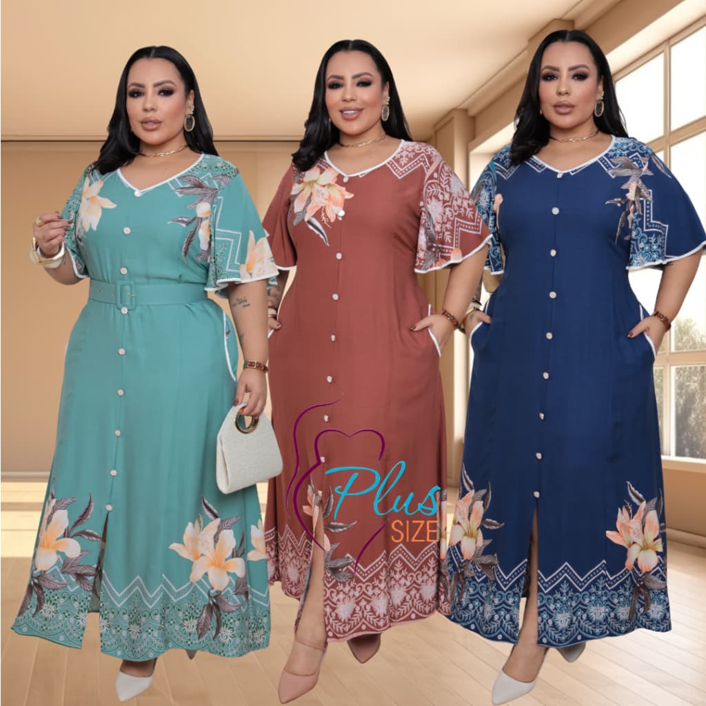 Vestido Com botões Feminino Visco Sarja Plus Size Moda Evangélica Cinto Modesto Casual Fenda